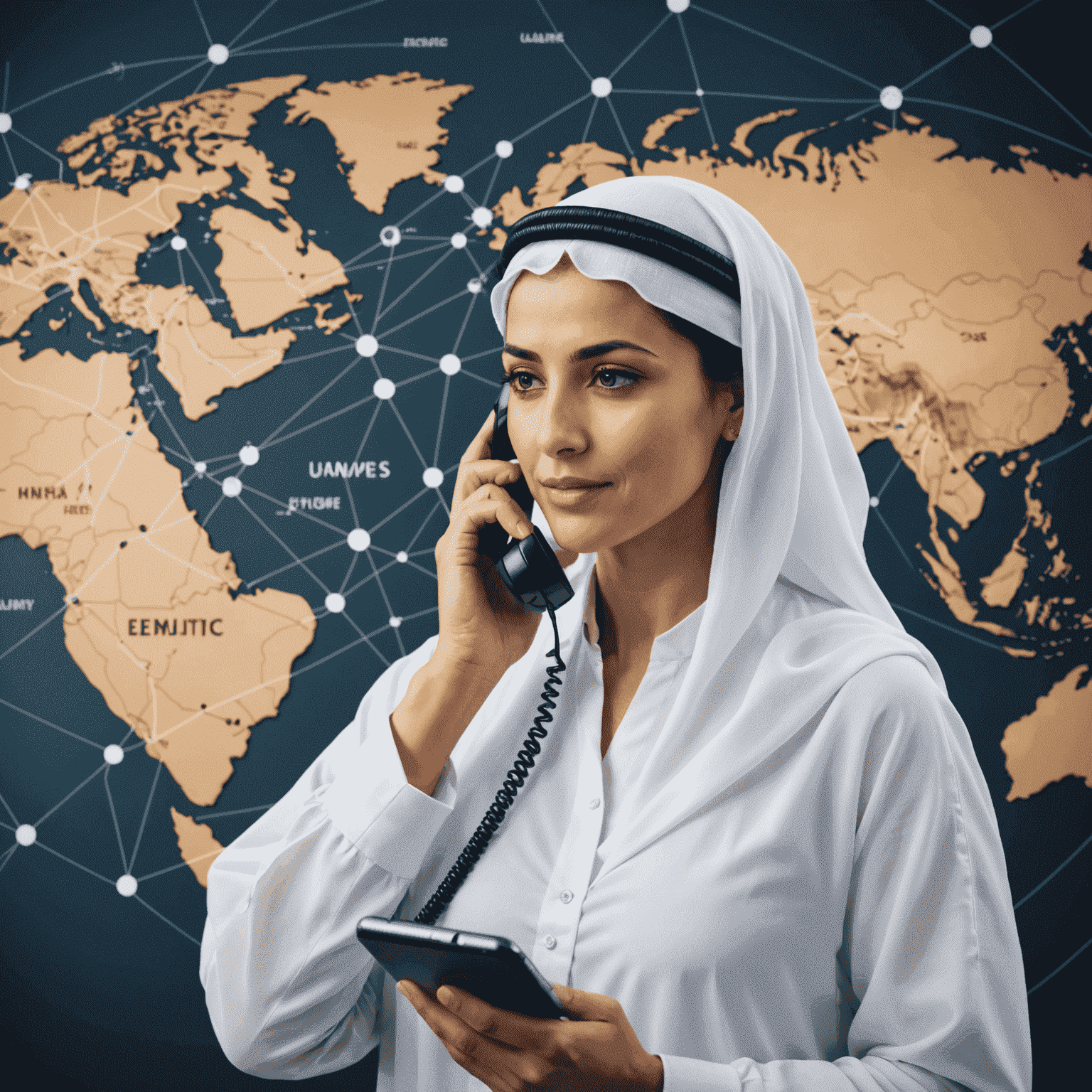 صورة لشخص يتحدث في الهاتف، يظهر خريطة الإمارات العربية المتحدة في الخلفية مع خطوط اتصال تربط بين مختلف المدن