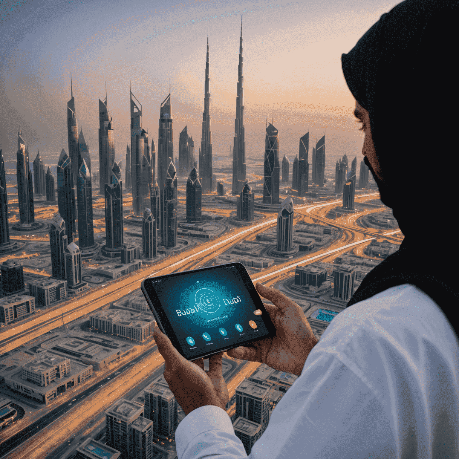 صورة توضيحية لشخص يستخدم هاتفًا ذكيًا للاتصال بالإنترنت عالي السرعة في دبي، مع خلفية لأفق المدينة