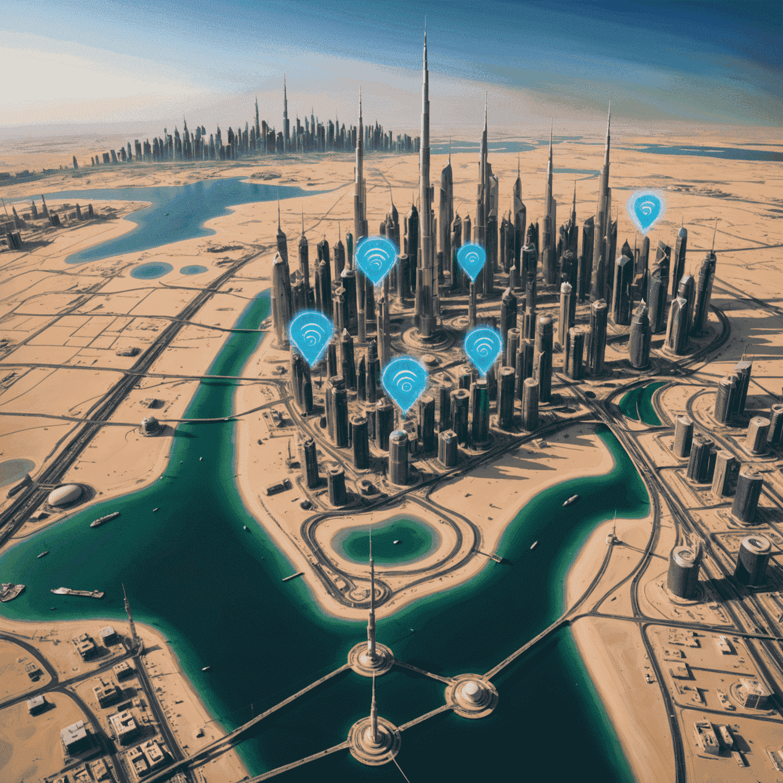 صورة توضيحية لتقدم نشر شبكة الجيل الخامس في الإمارات، تظهر أبراج اتصالات وخريطة التغطية